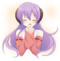 Rule 34 | 00s, 1girl, blush, clenched hands, detached sleeves, closed eyes, flower, fuyuichi, hanyuu, happy, higurashi no naku koro ni, horns, japanese clothes, long hair, lowres, miko, own hands together, purple hair, solo, spider lily