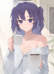 Rule 34 | 1girl, absurdres, blue archive, blurry, blurry background, blush, coffee mug, cup, highres, holding, holding cup, indoors, looking at viewer, mug, purple eyes, purple hair, randouworks, shirt, single bare shoulder, smile, solo, steam, two side up, upper body, white shirt, yuuka (blue archive)