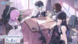 Rule 34 | 4girls, arius squad (blue archive), assault rifle, atsuko (blue archive), backpack, bag, blue archive, card, gun, halo, hat, hiyori (blue archive), holding, holding card, kotatsu, misaki (blue archive), multiple girls, no headwear, official art, playing card, rifle, saori (blue archive), sig 516, table, weapon
