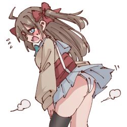 Rule 34 | 1girl, ahoge, ass, bag, black thighhighs, blue eyes, blush, bow, brown cardigan, brown hair, cardigan, chinese commentary, clothes lift, commentary, english commentary, fang, flying sweatdrops, from side, frown, grey sailor collar, grey skirt, hair bow, indie virtual youtuber, long hair, long sleeves, looking back, mixed-language commentary, neuro-sama, panties, pantyshot, pleated skirt, red bag, red bow, rune (dualhart), sailor collar, school uniform, serafuku, shoulder bag, sidelocks, single thighhigh, skin fang, skirt, skirt lift, sweatdrop, thighhighs, thighs, transparent background, two side up, underwear, virtual youtuber, wedgie, white panties, wind, wind lift