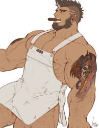 Rule 34 | 1boy, alternate costume, apron, arm hair, arm tattoo, bara, bare pectorals, beard, black hair, bulge, cigar, cyphers, damian doyle (cyphers), dark skin, dark-skinned male, facial hair, feet out of frame, flat color, gomtang, large pectorals, leg hair, male focus, mature male, mohawk, muscular, muscular male, naked apron, nipples, overalls, pectorals, short hair, solo, tattoo, thick thighs, thighs, white apron