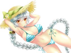 Rule 34 | 10s, 1girl, alternate costume, armpits, bare arms, bare shoulders, bikini, blush, braid, breasts, brown eyes, cleavage, female focus, hair between eyes, hair ornament, hands on headwear, hat, ichiyou moka, kantai collection, large breasts, long hair, looking at viewer, navel, pouty lips, side-tie bikini bottom, sideboob, silver hair, single braid, solo, straw hat, swimsuit, transparent background, underboob, unryuu (kancolle), very long hair, yellow eyes