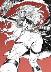 Rule 34 | 1girl, ass, cross scar, female focus, from behind, kagemitsu ryuuko, long hair, looking back, monochrome, muscular, muscular female, red background, rokkotsu, scar, scar on face, shinken!!, simple background, solo, spot color, sword, weapon