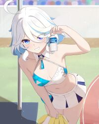 Rule 34 | 1girl, ahoge, bare arms, bare shoulders, blue eyes, blue hair, bottle, breasts, cheerleader, cleavage, commentary request, cosplay, cowboy shot, crop top, furina (genshin impact), genshin impact, grin, highres, holding, holding bottle, holding pom poms, looking at viewer, midriff, millennium cheerleader outfit (blue archive), miniskirt, mockingeu, multicolored hair, navel, no headwear, pom pom (cheerleading), pom poms, skirt, small breasts, smile, solo, standing, stomach, streaked hair, thighs, water bottle, white hair, white skirt