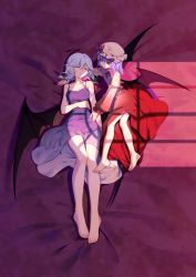 Rule 34 | 2girls, artist request, bare arms, bare legs, bare shoulders, barefoot, bat wings, bed sheet, breasts, cleavage, closed eyes, collarbone, commentary request, dress, gradient dress, hat, hat ribbon, highres, izayoi sakuya, long sleeves, lying, mob cap, multiple girls, on back, pink dress, pink headwear, purple dress, red dress, red ribbon, remilia scarlet, ribbon, shadow, short hair, silver hair, small breasts, spaghetti strap, third-party source, touhou, wings