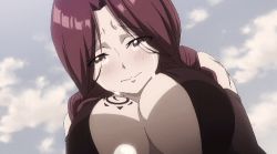 Rule 34 | 1girl, animated, animated gif, bare shoulders, blush, braid, braided ponytail, breast tattoo, breasts, cleavage, crying, crying with eyes open, fairy tail, female focus, flare corona, gloves, large breasts, long hair, lowres, open mouth, red eyes, red hair, scar, solo, tagme, tattoo, tears