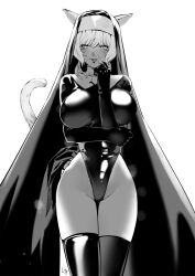 Rule 34 | 1girl, animal ears, breasts, cat ears, cosplay, dark skin, facial mark, final fantasy, final fantasy xiv, greyscale, groin, half-closed eyes, highres, large breasts, latex, legs together, leotard, liangjushuang, looking at viewer, monochrome, nun, parted lips, solo, tail, thighhighs, y&#039;shtola rhul