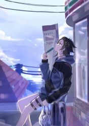 Rule 34 | 1boy, bag, bangs pinned back, black choker, black hair, blue jacket, choker, cloud, convenience store, day, fanny pack, feet out of frame, food, from side, highres, holding, holding bag, holding food, holostars, hood, hooded jacket, house, jacket, kanade izuru, lens flare, looking up, male focus, multicolored clothes, multicolored jacket, official alternate costume, outdoors, parted lips, plastic bag, popsicle, power lines, profile, purple eyes, shop, short hair, short shorts, shorts, sitting, skull print, solo, sunlight, sweat, thigh strap, tsukky, two-tone jacket, virtual youtuber