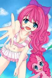 Rule 34 | 1girl, animal ears, balloon, bare shoulders, bikini, bikini skirt, blue eyes, blush, blush stickers, bow, breasts, cleavage, cloud, collarbone, curly hair, cutie mark, d-tomoyo (thekingkas), day, dual persona, eyelashes, groin, hair bow, hair ornament, highres, horse ears, horse girl, long hair, looking at viewer, my little pony, my little pony: friendship is magic, navel, ocean, open mouth, pink bikini, pink hair, pinkie pie, pony (animal), purple bow, reaching, reaching towards viewer, sidelocks, sky, solo, striped bikini, striped clothes, swimsuit, tongue