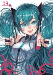 Rule 34 | 1girl, :d, adjusting hair, detached sleeves, green eyes, green hair, hatsune miku, highres, kaneni, long hair, looking at viewer, matching hair/eyes, navel, open mouth, smile, solo, twintails, vocaloid