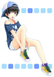 Rule 34 | 1girl, backwards hat, baseball cap, black hair, blush, candy, collarbone, female focus, food, full body, hat, highres, lollipop, looking at viewer, mouth hold, natsu (natume0504), original, purple eyes, shirt, shoes, short hair, shorts, silhouette, sneakers, solo, tomboy, white background
