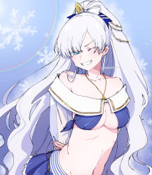 Rule 34 | 1girl, anastasia (fate), anastasia (swimsuit archer) (fate), anastasia (swimsuit archer) (third ascension) (fate), arms behind back, bare shoulders, bikini, blue bikini, blue eyes, blue skirt, blush, bow, breasts, citron80citron, cleavage, collarbone, fate/grand order, fate (series), grin, hair bow, hair over one eye, jewelry, large breasts, long hair, long sleeves, looking at viewer, miniskirt, navel, necklace, one eye closed, ponytail, puffy long sleeves, puffy sleeves, skirt, smile, solo, swimsuit, very long hair, white hair