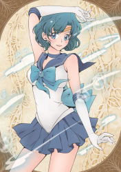 Rule 34 | 1girl, back bow, bishoujo senshi sailor moon, blue bow, blue eyes, blue hair, blue neckwear, blue sailor collar, blue skirt, bow, brooch, brown background, choker, circlet, cowboy shot, elbow gloves, gloves, jewelry, legs apart, looking at viewer, magical girl, mizuno ami, open mouth, pleated skirt, sailor collar, sailor mercury, sailor senshi uniform, short hair, skirt, smile, solo, standing, white gloves, xiuren