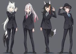 Rule 34 | &gt;:), 4girls, :d, :o, ahoge, animal ear fluff, animal ears, arm up, black footwear, black hair, black headwear, black jacket, black neckwear, black pants, blue eyes, blue neckwear, brown eyes, closed mouth, collared shirt, commentary request, diagonal-striped clothes, diagonal-striped necktie, diagonal-striped neckwear, formal, fox ears, fox girl, fox tail, green eyes, grey background, grey shirt, hair between eyes, hand in pocket, hand on headwear, hand up, high ponytail, hololive, horns, jacket, kanzaki hiro, long hair, long sleeves, multicolored hair, multiple girls, nakiri ayame, necktie, oni, ookami mio, oozora subaru, open mouth, pant suit, pants, parted lips, ponytail, red eyes, red hair, red neckwear, shadow, shirakami fubuki, shirt, shoes, short hair, simple background, skin-covered horns, smile, standing, streaked hair, striped clothes, striped neckwear, striped shirt, suit, tail, v-shaped eyebrows, vertical-striped clothes, vertical-striped shirt, very long hair, virtual youtuber, white hair, white shirt, wolf ears, wolf girl, wolf tail