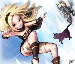 Rule 34 | 1girl, animal, bare shoulders, black cat, blonde hair, cat, closed mouth, commentary, day, dusty (gravity daze), english commentary, flying, gravity daze, hairband, highres, kitten (gravity daze), leg warmers, leotard, long hair, red eyes, scarf, sky, smile, strapless, vambraces