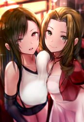 Rule 34 | 2girls, aerith gainsborough, asymmetrical docking, black hair, blurry, breast press, breasts, brown hair, cropped jacket, depth of field, dress, elbow gloves, final fantasy, final fantasy vii, final fantasy vii remake, gloves, hair intakes, highres, jacket, jewelry, large breasts, long hair, looking at viewer, mappaninatta, multiple girls, necklace, pink dress, red jacket, skirt, suspender skirt, suspenders, teeth, tifa lockhart, upper teeth only