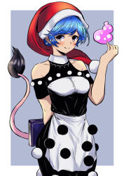 Rule 34 | 1girl, absurdres, bare shoulders, blue hair, book, closed mouth, doremy sweet, dream soul, grey background, hat, highres, holding, holding book, looking at viewer, nightcap, pom pom (clothes), red eyes, red hat, sen (daydream 53), short hair, solo, tail, tapir tail, touhou, upper body, white background