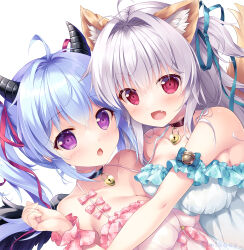 Rule 34 | 2girls, ahoge, animal ear fluff, animal ears, aqua dress, aqua ribbon, bare shoulders, bell, black choker, blue hair, blush, bow, breast press, breasts, chestnut mouth, choker, cleavage, commentary request, demon girl, demon horns, dress, dutch angle, eyelashes, eyes visible through hair, fang, fox ears, fox girl, frilled dress, frills, grey hair, hair between eyes, hair intakes, hair ribbon, hand up, highres, horns, hug, jingle bell, kyuubi (sennen sensou aigis), large breasts, lock, long hair, looking at viewer, mikeou, miruno (sennen sensou aigis), multiple girls, open mouth, pink bow, pink dress, pink wrist cuffs, purple eyes, red eyes, red ribbon, ribbon, sennen sensou aigis, simple background, symmetrical docking, twintails, twitter username, two side up, upper body, white background, wrist cuffs
