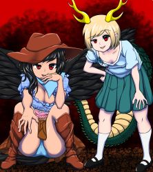 Rule 34 | 2girls, ass, black hair, black wings, blonde hair, blue neckerchief, blue panties, boots, breasts, cleavage, collarbone, commentary request, downblouse, dragon tail, hand to own mouth, hat, highres, horns, kicchou yachie, kurokoma saki, large breasts, long hair, looking at viewer, mary janes, multiple girls, neckerchief, panties, pantyshot, pegasus wings, puffy short sleeves, puffy sleeves, red background, red eyes, rock, shell, shoes, short hair, short sleeves, skirt, small breasts, smug, socks, squatting, tail, tan, thighs, touhou, underwear, uneven eyes, upskirt, wings, zawapirori
