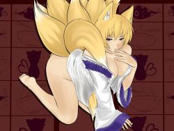 Rule 34 | 1girl, aburaage, all fours, animal ears, areola slip, bare shoulders, barefoot, blonde hair, bottomless, breasts, chen, chen (cat), female focus, food, fox ears, fox tail, large breasts, meganemausu, multiple tails, no headwear, no headwear, off shoulder, purple eyes, solo, tail, touhou, yakumo ran