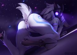 Rule 34 | 1girl, all fours, animal ears, anus, artist name, ass, body fur, body markings, furry, furry female, glowing, glowing eyes, hand up, highres, hooves, kindred (league of legends), lamb (league of legends), league of legends, long hair, mask, mouezu, pink eyes, presenting, pussy, pussy juice, sheep ears, sheep tail, solo, tail, uncensored