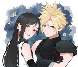 Rule 34 | 1boy, 1girl, armor, bare shoulders, black gloves, black hair, blonde hair, blue eyes, blush, breasts, closed mouth, cloud strife, commentary request, crop top, crossed arms, earrings, elbow gloves, final fantasy, final fantasy vii, final fantasy vii rebirth, final fantasy vii remake, gloves, hair behind ear, hair between eyes, highres, jewelry, light blush, long hair, looking at viewer, looking to the side, medium breasts, open mouth, red eyes, short hair, shoulder armor, single bare shoulder, single earring, single sidelock, sleeveless, sleeveless turtleneck, smile, spiked hair, star (symbol), stud earrings, suspenders, sweater, swept bangs, tank top, tifa lockhart, togi, turtleneck, turtleneck sweater, upper body, white tank top
