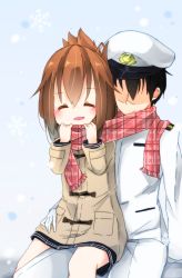 Rule 34 | 10s, 1boy, 1girl, admiral (kancolle), blush, brown hair, coat, commentary request, duffel coat, closed eyes, folded ponytail, gurantsu, hat, inazuma (kancolle), kantai collection, military, military uniform, naval uniform, open mouth, peaked cap, scarf, shared clothes, shared scarf, sitting, sitting on lap, sitting on person, smile, uniform, winter