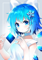 Rule 34 | 1girl, :o, bare arms, bare shoulders, blue eyes, blue hair, bow, check commentary, choker, cirno, collarbone, commentary, commentary request, crystal, fairy, fingernails, floating, floating object, flower, grey background, hair between eyes, hair bow, hair flower, hair ornament, hands up, head tilt, highres, ice, ice wings, looking at viewer, parted lips, short hair, snowflake print, solo, tank top, touhou, upper body, white bow, white choker, white tank top, wings, yuujin (yuzinn333)