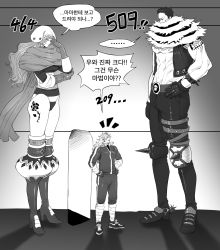 Rule 34 | ..., 1boy, 2girls, abs, bare pectorals, brother and sister, charlotte katakuri, charlotte smoothie, crossover, dorohedoro, facepalm, full body, giant, giant male, giantess, greyscale, hand on own hip, hands on own hips, height difference, high heels, highres, jacket, korean text, leg tattoo, looking at another, looking down, monochrome, multiple girls, muscular, muscular female, nipples, noi (dorohedoro), one piece, pants, park ongjol, pectorals, scarf, shoes, siblings, sleeveless, speech bubble, spikes, sweatdrop, tall, tall female, tattoo, thighs, track jacket, track pants