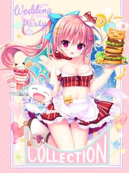 Rule 34 | 1girl, :d, animal, apron, bare shoulders, blue bow, bow, breasts, brown hair, burger, cat, cleavage, clothed animal, collarbone, commentary request, crop top, diagonal stripes, english text, food, frilled apron, frills, full body, hair bow, hair ornament, hairclip, hands up, heart, heart hair ornament, holding, holding plate, long hair, medium breasts, midriff, navel, off-shoulder shirt, off shoulder, open mouth, original, panties, parfait, plate, ponytail, purple eyes, red skirt, roller skates, shirt, shiwasu horio, skates, skirt, smile, solo, star (symbol), striped background, striped clothes, striped skirt, underwear, vertical-striped clothes, vertical-striped skirt, very long hair, waist apron, white apron, white footwear, white panties