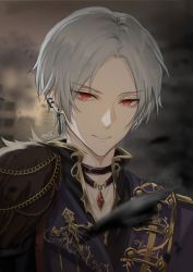Rule 34 | 1boy, bishounen, character request, ear piercing, gem, grey hair, highres, jewelry, looking at viewer, makura wet, male focus, necklace, parted bangs, piercing, red eyes, short hair, signature, smile, solo, straight hair, upper body