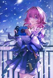 Rule 34 | 1girl, black corset, black gloves, blue eyes, blue jacket, blue skirt, breasts, buttons, camera, chinese commentary, city, commentary request, corset, cowboy shot, dress shirt, earrings, flower ornament, gloves, hair between eyes, hair intakes, highres, holding, holding camera, honkai: star rail, honkai (series), jacket, jewelry, long sleeves, looking at viewer, march 7th (honkai: star rail), march 7th (preservation) (honkai: star rail), medium breasts, medium hair, miniskirt, open mouth, outdoors, partially fingerless gloves, pink eyes, pink hair, pink pupils, pleated skirt, shengfang sama, shirt, single earring, single glove, skirt, smile, snow, snowing, solo, standing, tied jacket, underbust