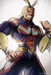 Rule 34 | 1boy, abs, all might, antenna hair, backlighting, blonde hair, blue bodysuit, bodysuit, boku no hero academia, covered eyes, grin, hair slicked back, hand on own hip, highres, male focus, muscular, muscular male, nakamu 405, pectorals, skin tight, smile, solo, teeth, thumbs up, twitter username, white background