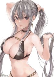 Rule 34 | 1girl, arm up, armpits, bikini, black bikini, black choker, black eyes, blurry, blush, breasts, choker, cleavage, collarbone, commentary request, copyright name, depth of field, earrings, hair between eyes, hands in hair, highres, inaba yukiko, jewelry, koigoku no toshi, large breasts, long hair, looking at viewer, navel, o-ring, o-ring bikini, parted lips, pink lips, ponytail, sidelocks, silver hair, simple background, smile, solo, stomach, swimsuit, tawara 1112, tawara kyouhei, translation request, white background