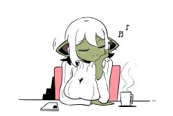 Rule 34 | absurdres, artist self-insert, black hair, chair, closed eyes, colored inner hair, colored skin, cup, earrings, female goblin, goblin, green skin, hand on own cheek, hand on own face, highres, jewelry, large ears, light smile, long sleeves, minchi (anda), motion lines, multicolored hair, musical note, original, phone, pointy ears, sitting, steam, sweater, table, turtleneck, turtleneck sweater, white background, white hair, white sweater