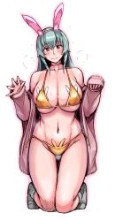 Rule 34 | 1girl, animal ears, bikini, black socks, blush, breasts, choker, cleavage, closed mouth, fake animal ears, full body, green hair, hands up, highres, jacket, kneeling, large breasts, long hair, long sleeves, looking at viewer, mature female, navel, off shoulder, open clothes, open jacket, original, pink choker, pink eyes, pink jacket, rabbit ears, rabbit pasties, side-tie bikini bottom, simple background, sleeves past wrists, smile, socks, solo, stomach, sweat, swimsuit, tsuda nanafushi, white background, yellow bikini