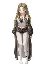 Rule 34 | 1girl, black coat, black shorts, blush, breasts, closed mouth, coat, crop top, green eyes, green hair, hair ornament, hairclip, highres, indoors, iruka blue (torriet), jewelry, large breasts, long hair, long sleeves, looking at viewer, navel, necklace, no shoes, off shoulder, open clothes, open coat, original, pantyhose, puffy long sleeves, puffy sleeves, shirt, short shorts, shorts, solo, swimsuit, thighs, torriet, very long hair, white pantyhose, white shirt