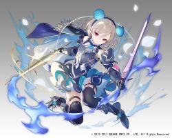 Rule 34 | 1girl, armor, armored boots, armored dress, black thighhighs, blue cape, blue dress, blue fire, blue flower, blue gloves, blue hairband, boots, cape, character request, closed mouth, commentary request, detached sleeves, dress, fire, flower, full body, gloves, hair between eyes, hair flower, hair ornament, hairband, kai-ri-sei million arthur, light brown hair, long sleeves, looking at viewer, million arthur (series), official art, purple eyes, solo, thigh boots, thighhighs, vambraces, yamiko