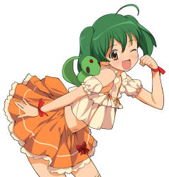 Rule 34 | 1girl, ;d, a1 (initial-g), absurdres, ahoge, ai-kun, alien, bare shoulders, blush, brown eyes, clenched hand, fang, green hair, highres, leaning forward, macross, macross frontier, midriff, one eye closed, open mouth, ranka lee, ribbon, short hair, short twintails, simple background, skirt, smile, solo, twintails, vajra (macross), wink