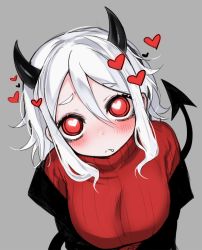 Rule 34 | 1girl, blush, breasts, commentary, demon girl, demon tail, fang, fang out, grey background, hair between eyes, head tilt, heart, heart-shaped pupils, helltaker, highres, horns, large breasts, looking at viewer, modeus (helltaker), ompf, red eyes, red sweater, simple background, solo, sweater, symbol-shaped pupils, tail, upper body, white hair