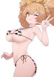 Rule 34 | 1girl, animal print, ass, bare shoulders, bikini, blonde hair, bow, braid, breasts, checkered bow, checkered clothes, cleavage, closed mouth, collarbone, cow print, cowboy shot, hair between eyes, hair bow, hair ornament, halterneck, hand up, highres, large breasts, long hair, looking at viewer, micro bikini, navel, one eye closed, orange bow, original, side-tie bikini bottom, simple background, solo, string bikini, sumiyao (amam), swimsuit, tongue, tongue out, twin braids, two-tone bow, v, white background, yellow bow, yellow eyes