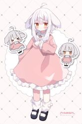 Rule 34 | &gt; &lt;, 1girl, ahoge, animal ears, black footwear, blush, blush stickers, bow, brown background, brown eyes, chibi, closed eyes, closed mouth, collared dress, commentary request, dress, frilled dress, frills, grey hair, hair between eyes, highres, long hair, long sleeves, multiple views, nakkar, original, pink dress, puffy long sleeves, puffy sleeves, rabbit ears, shoes, sleeves past wrists, socks, standing, twitter username, white bow, white socks