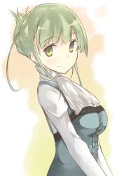 Rule 34 | 1girl, ascot, bad id, bad twitter id, blush, breasts, dress, gradient background, green hair, hair up, high collar, hiwatari rin, long sleeves, looking at viewer, original, profile, sidelocks, smile, solo, upper body, white background, yellow eyes