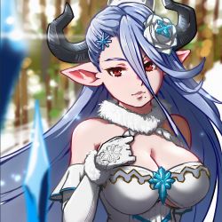 Rule 34 | 1girl, akairiot, black horns, blue hair, blurry, blurry background, breasts, brooch, cleavage, clothing cutout, cross hair ornament, crown, detached collar, draph, dress, elbow gloves, flower, fur collar, gloves, granblue fantasy, hair between eyes, hair flower, hair ornament, hair over one eye, highres, horns, ice crystal, izmir, jewelry, large breasts, lips, long hair, looking at viewer, mini crown, mole, mole under mouth, pointy ears, red eyes, snowflake hair ornament, solo, underboob cutout, upper body, very long hair, white dress, white gloves