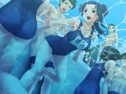 Rule 34 | 4boys, 4girls, arm grab, ass, barefoot, black hair, blue hair, breasts, cleavage, clothed sex, covered erect nipples, feet, from below, game cg, large breasts, legs, long hair, looking back, multiple boys, multiple girls, okiyumi kase, one-piece swimsuit, open mouth, partially submerged, ponytail, pool, public indecency, public indecency, red eyes, sarasare tsuma, sex, standing, swimsuit, thighs, underwater, vaginal, water, wet