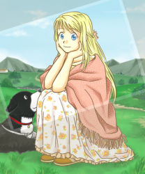 Rule 34 | 1girl, animal, black eyes, blue sky, blush, brown footwear, closed mouth, collarbone, day, den (fma), dog, field, floral print, frilled skirt, frills, fringe trim, full body, fullmetal alchemist, grass, hands on own cheeks, hands on own face, house, long hair, long skirt, looking at viewer, outdoors, shawl, shoes, sitting, skirt, sky, smile, syo, tareme, white skirt, winry rockbell