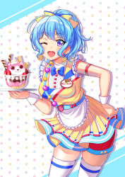 Rule 34 | 1girl, ;d, apron, bang dream!, blue bow, blue bowtie, blue hair, bow, bowtie, character name, cherry, commentary request, dress, drop shadow, earrings, food, frilled apron, frilled sleeves, frills, fruit, hair bow, hand on own hip, highres, holding, holding tray, ice cream, jewelry, kenkou toshikou, looking at viewer, matsubara kanon, michelle (bang dream!), name tag, one eye closed, open mouth, pom pom (clothes), pom pom earrings, ponytail, purple eyes, shorts, shorts under skirt, sidelocks, skindentation, smile, solo, star (symbol), starry background, sundae, thighhighs, tray, waist apron, waitress, whipped cream, wrist cuffs, yellow bow, yellow dress