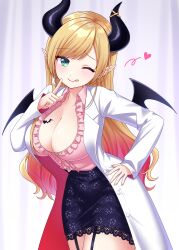 Rule 34 | 1girl, absurdres, black garter straps, black skirt, blonde hair, blue eyes, breasts, center frills, cleavage, coat, demon girl, demon horns, demon wings, finger to cheek, frills, garter straps, hand on own hip, heart, heart tattoo, highres, hololive, horns, lab coat, looking at viewer, one eye closed, pink shirt, pointy ears, shirt, skirt, smile, solo, takochan77, tattoo, tongue, tongue out, virtual youtuber, white coat, winged heart tattoo, wings, yuzuki choco, yuzuki choco (1st costume)