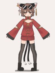 Rule 34 | 1girl, :3, absurdres, animal ear fluff, animal ear piercing, animal ears, arms up, asakura haru, boots, brown eyes, brown hair, cat ears, cat tail, chen, commentary request, earrings, flat chest, full body, gold trim, highres, jewelry, jitome, looking at viewer, multiple tails, nekomata, petite, pigeon-toed, round eyewear, short hair, simple background, sleeves past wrists, solo, standing, tail, tassel, tassel earrings, thighhighs, touhou, two tails, white background
