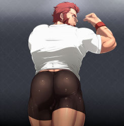 Rule 34 | 1boy, ass, back, bad id, bad pixiv id, bara, beard, biceps, black shorts, closed mouth, facial hair, fate/grand order, fate/zero, fate (series), flexing, iskandar (fate), looking back, male focus, mature male, muscular, muscular male, protected link, red eyes, red hair, shiny clothes, shirt, short hair, shorts, shunta (syunta 87), solo, taut clothes, taut shorts, thick thighs, thighs, white shirt, wristband